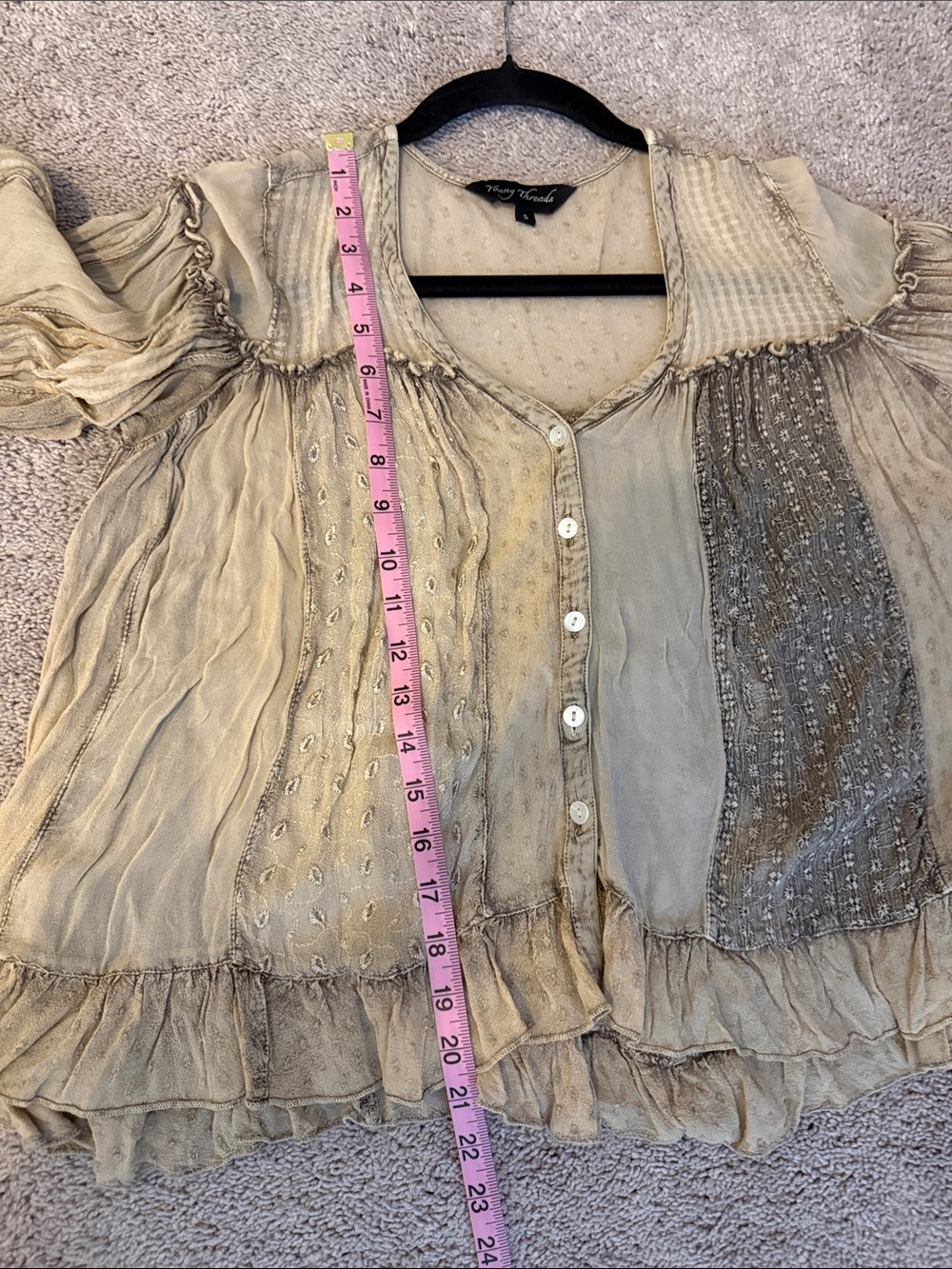 Young Threads Boho Ruffle Button-Front Women’s Top - Taupe - Picture 15 of 16